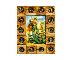 Handmade Olive Wood Holy Icons Surrounded by Via Dolorosa images.