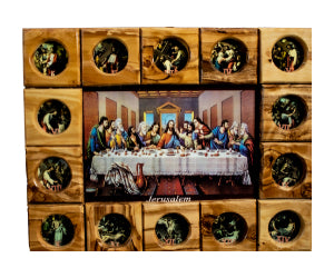 Handmade Olive Wood Holy Icons Surrounded by Via Dolorosa images.