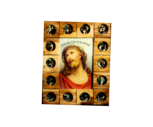 Handmade Olive Wood Holy Icons Surrounded by Via Dolorosa images.