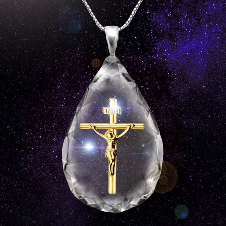 Crucifix In Crystal Teardrop Necklace