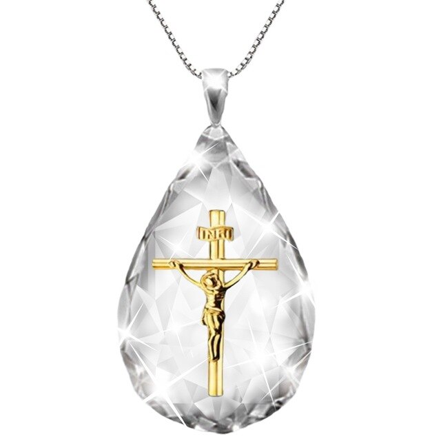 Crucifix In Crystal Teardrop Necklace