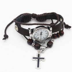 Cross and watch with leather strap bracelet