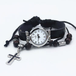 Cross and watch with leather strap bracelet