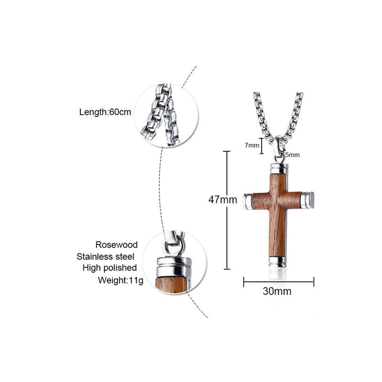 Wood and Stainless Steel Cross Pendant